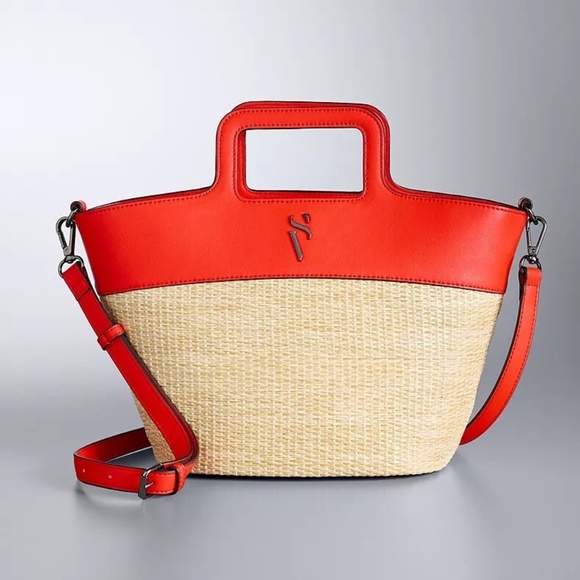 Simply Vera Vera Wang Top Handle Straw Satchel Bag | Red - Picture 1 of 4
